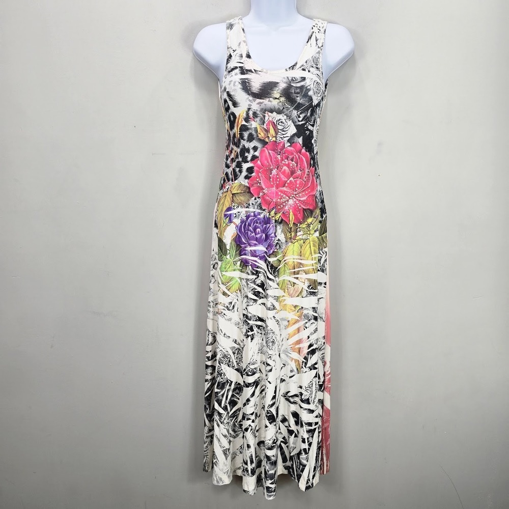 Vintage Y2K Maxi Tank‎ Dress S White Rhinestone Floral Animal Print grunge USA